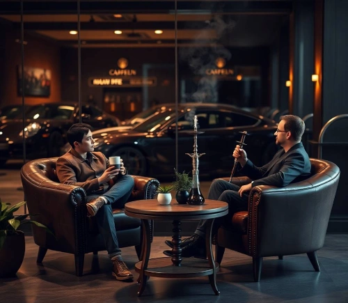 Clients relax in Fancy Mud Cafe with coffee and hookah