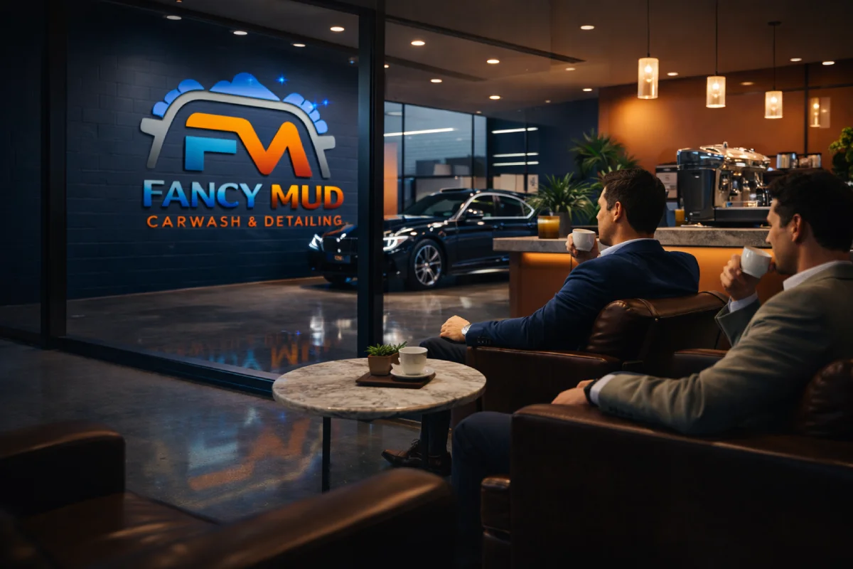Sydney car owners relaxing in the Fancy Mud lounge with barista coffee while their luxury vehicle is professionally washed and detailed at a premium car wash studio.