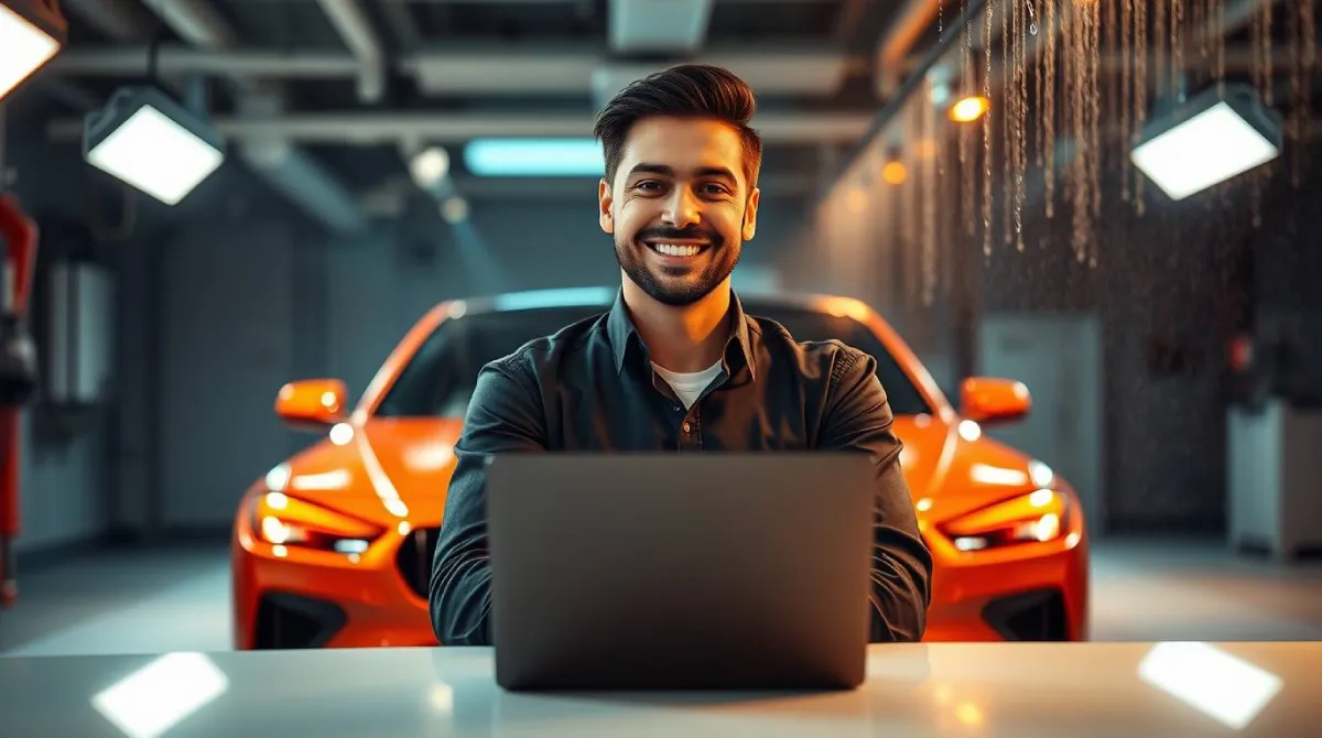 Friendly customer service rep in a luxurious Fancy Mud Car Wash studio with a polished luxury car in background, highlighting our premium auto detailing services.