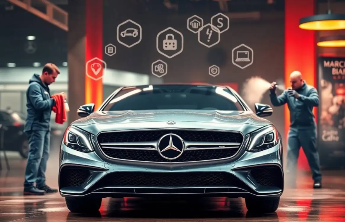 Luxury Silver Mercedes-Benz C-Class being professionally washed and detailed by technicians at Fancy Mud Car Wash & Detailing Studios in Lidcombe, NSW.