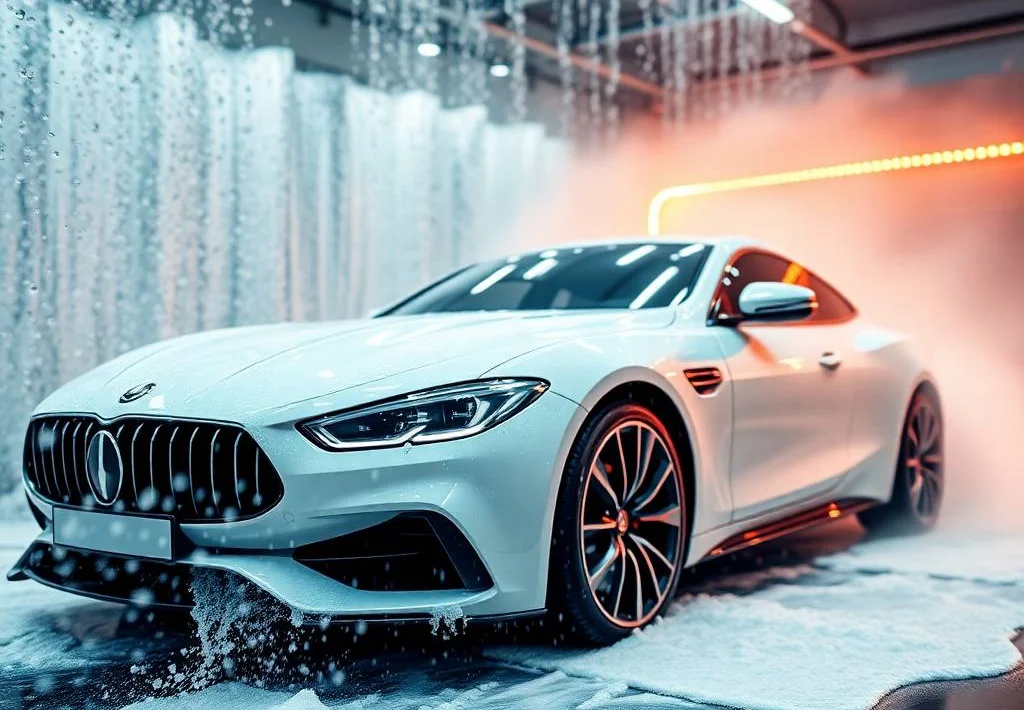 Cinematic wide-angle shot of a luxury car at Fancy Mud Car Wash studio geting premium car wash services in Moorebank, NSW.