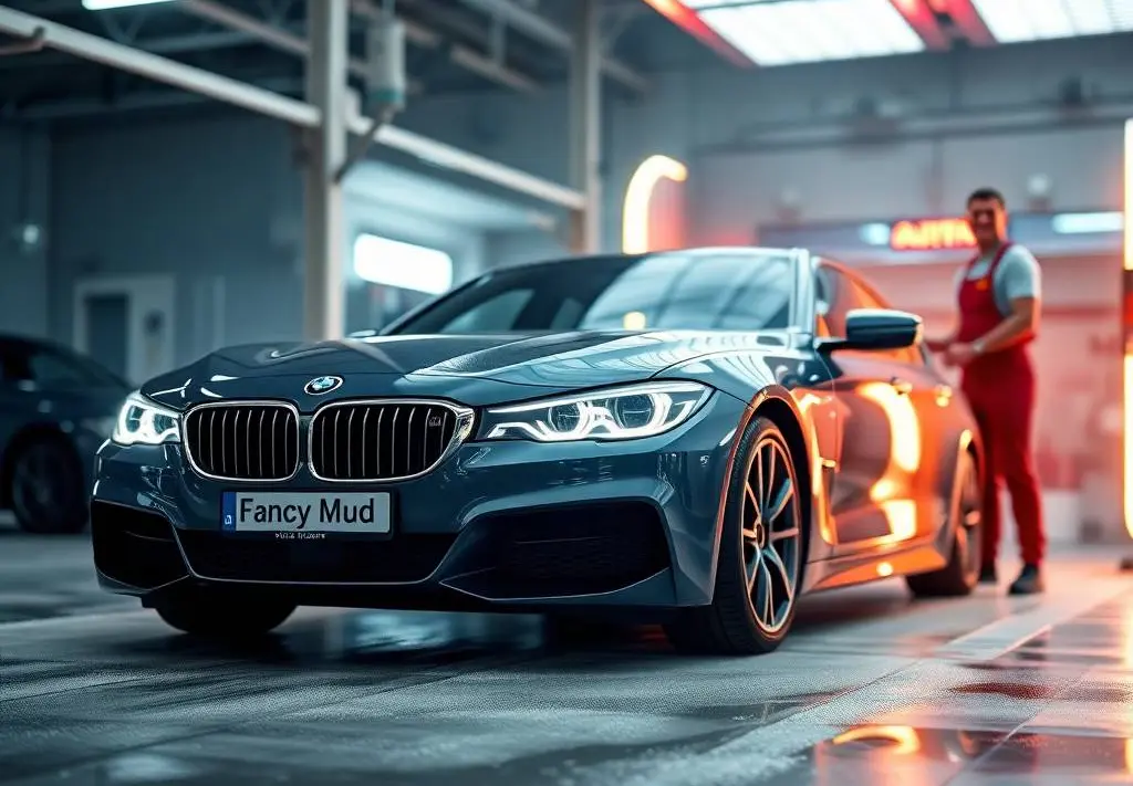 Cinematic wide-angle shot of a luxury car at Fancy Mud Car Wash studio geting premium car detailing services in Lidcombe, NSW.